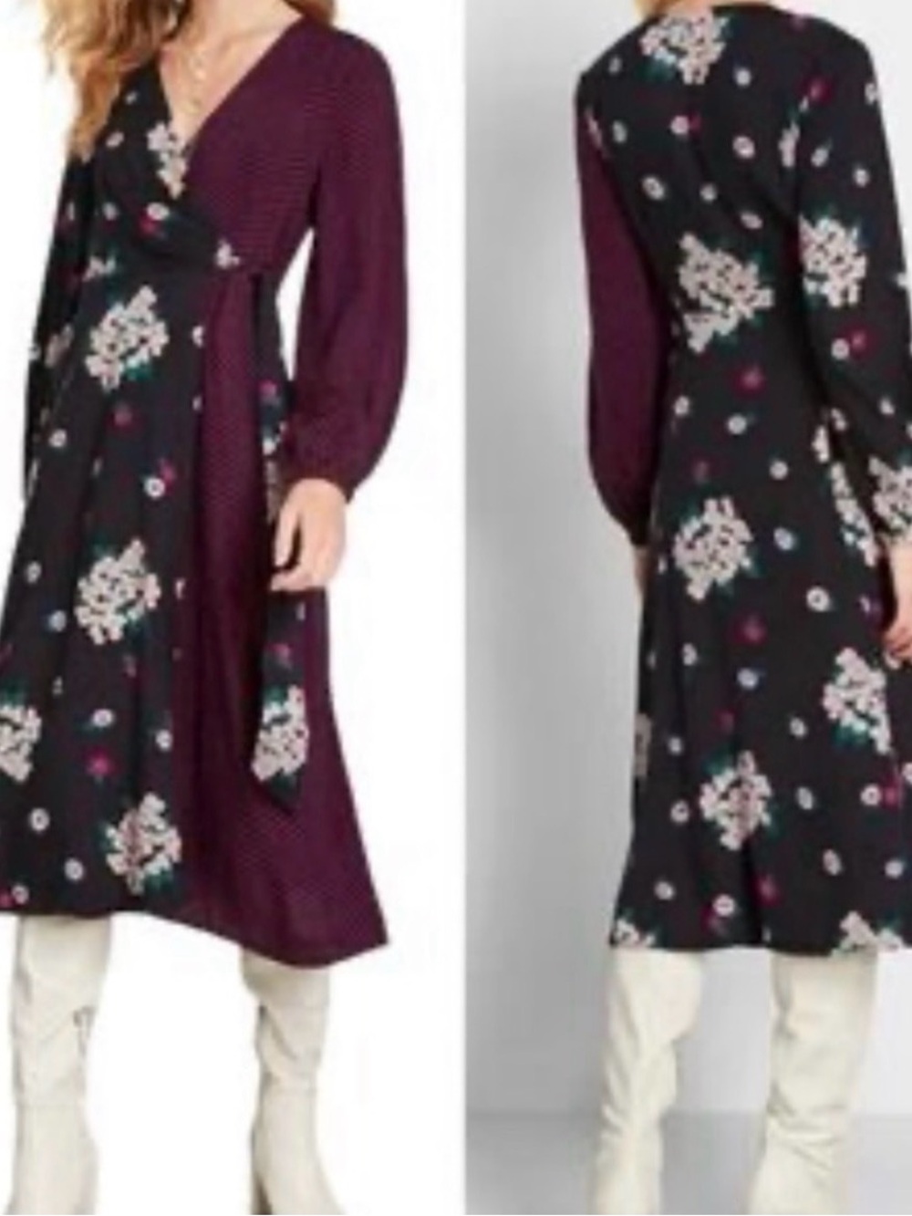 Emily and Fin Black & Burgundy Floral Wrap Dress
